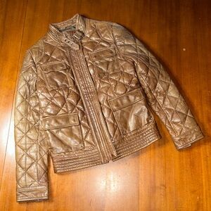 Eddie Bauer quilted brown leather jacket with goose down women’s size medium